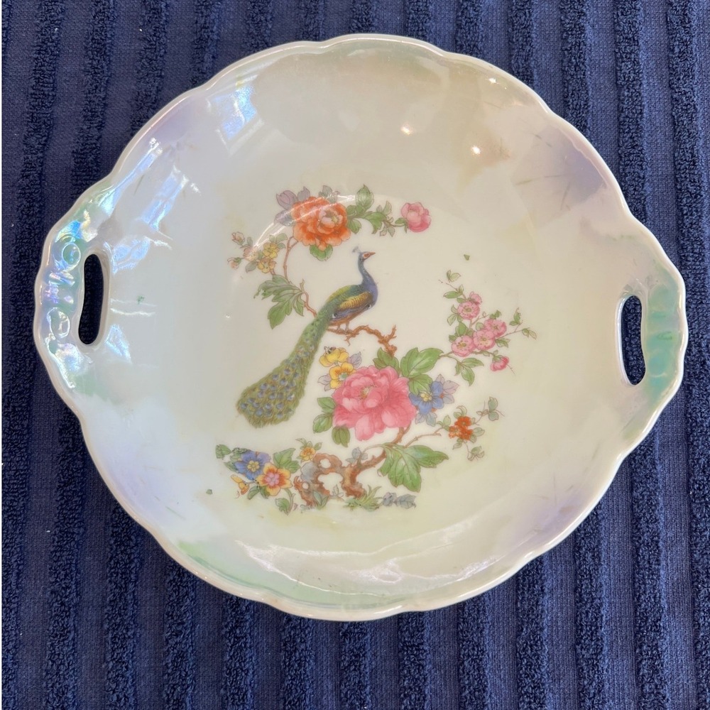 Vintage Bavaria Iridescent Lusterware Peacock Floral Serving‎ Bowl Dish